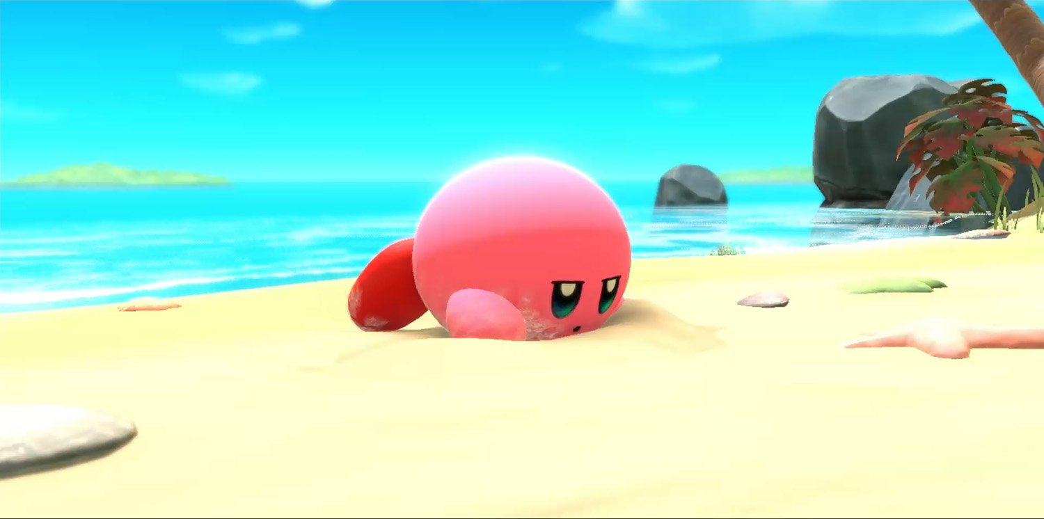Nintendo's Kirby on a beach in Kirby and the Forgotten Land