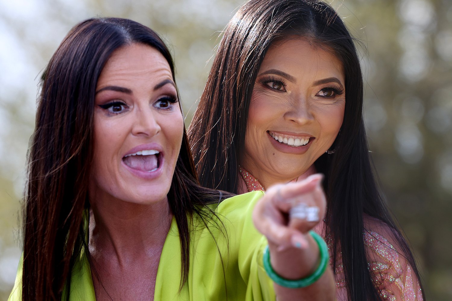 Lisa Barlow pointing in a scene of 'RHOSLC' and Jennie Nguyen smiling in another scene of the show
