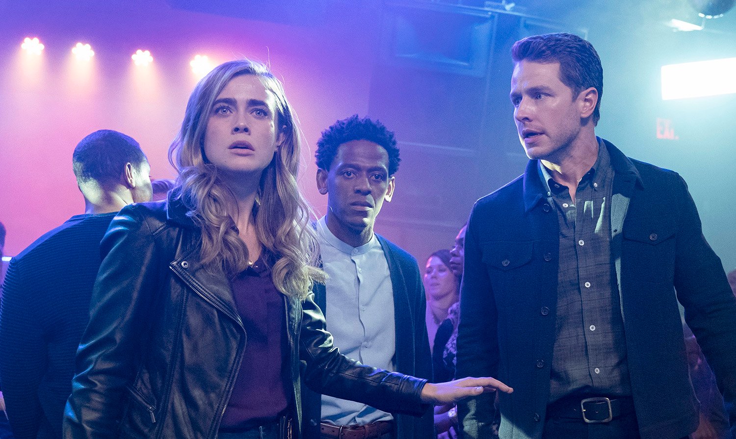 Melissa Roxburgh as Michaela, Jared Grimes as Adrian, Josh Dallas as Ben in Manifest Season 2 Episode 7.