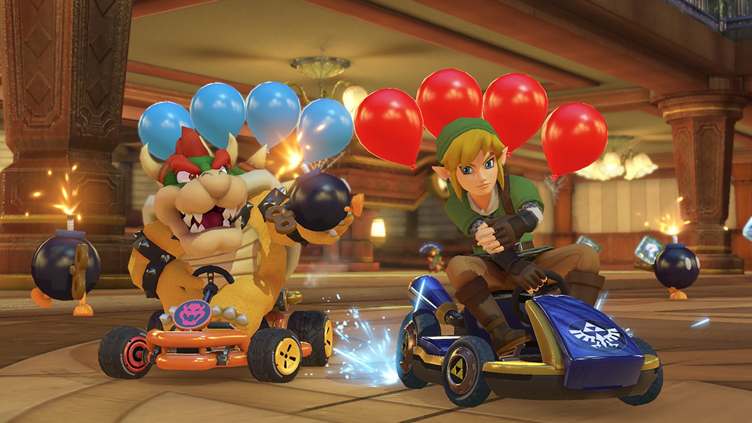 Bowser and Link drive balloon karts in Mario Kart 8 Deluxe