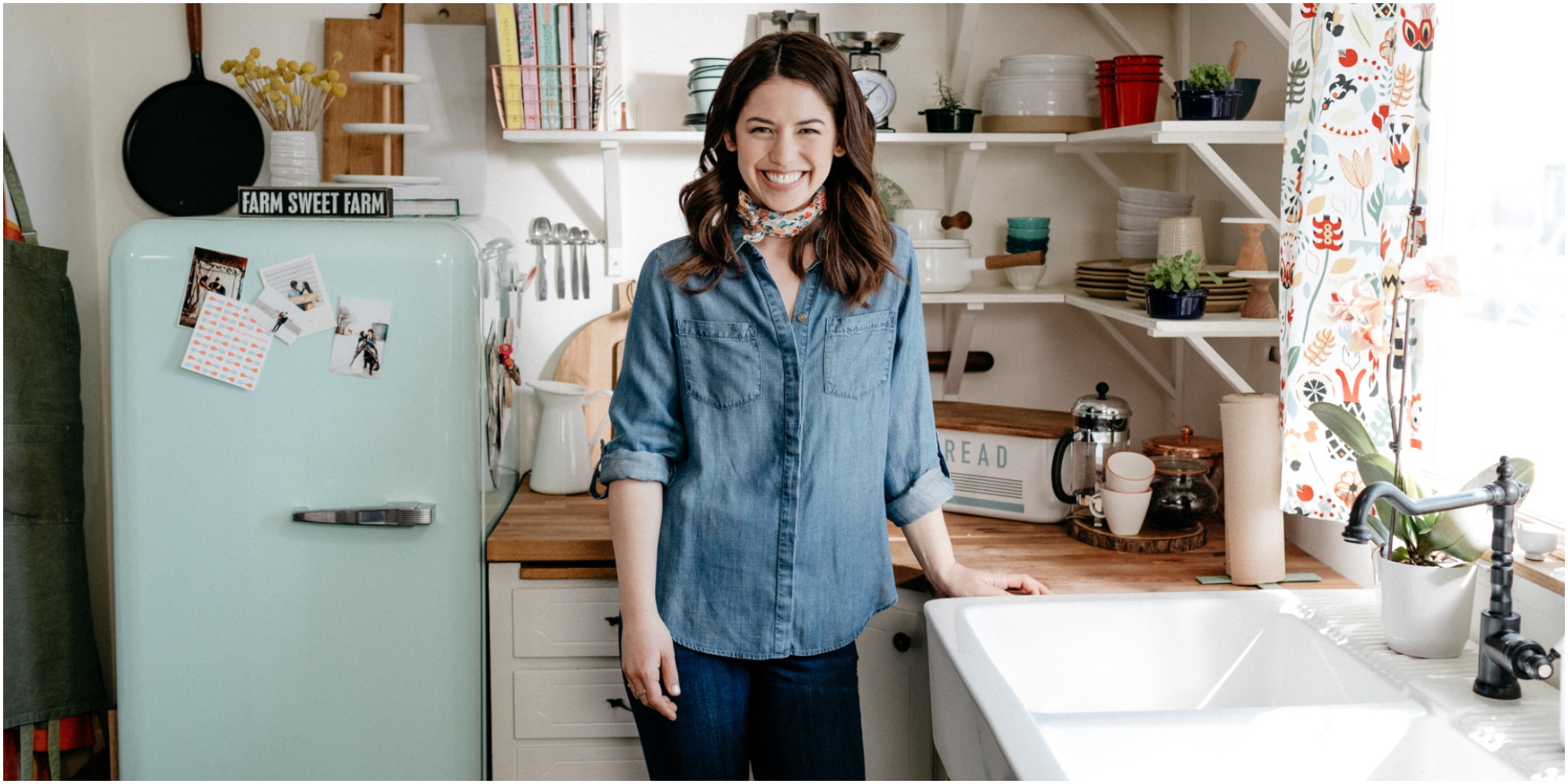 Molly Yeh in her home kitchen on the set of Girl Meets Farm.