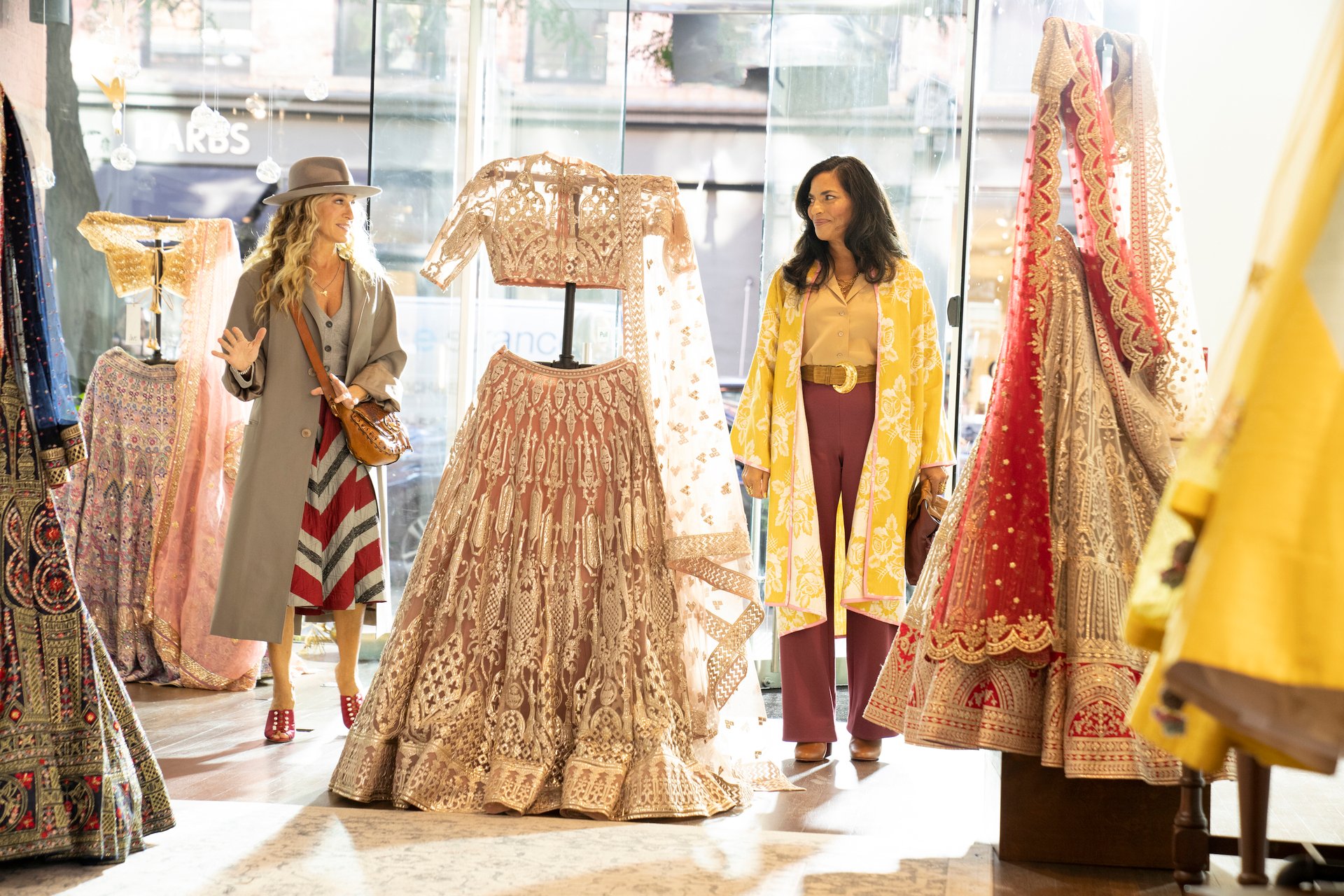Sarah Jessica Parker and Sarita Choudhury in a sari shop on the set of 'And Just Like That...'