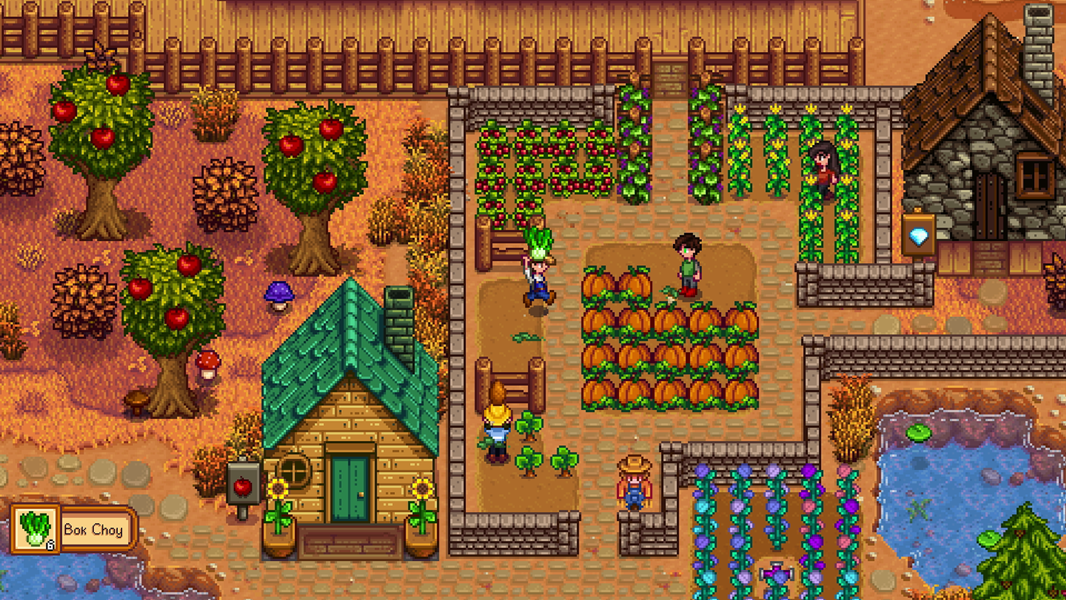 A screenshot of a farm in Stardew Valley