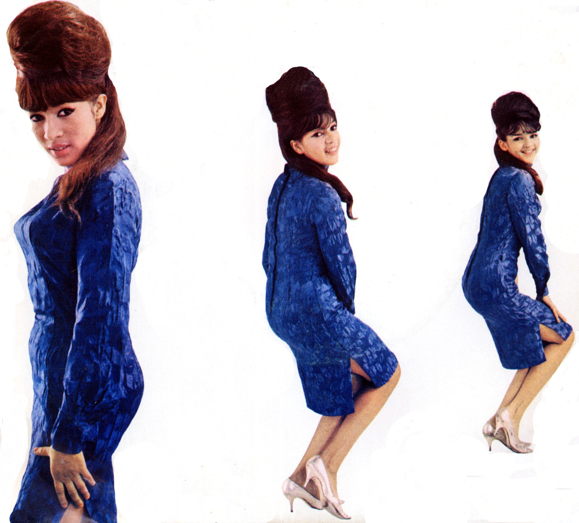 The Ronettes' Ronnie Spector, Estelle Bennett, and Nedra Talley Ross wearing blue dresses