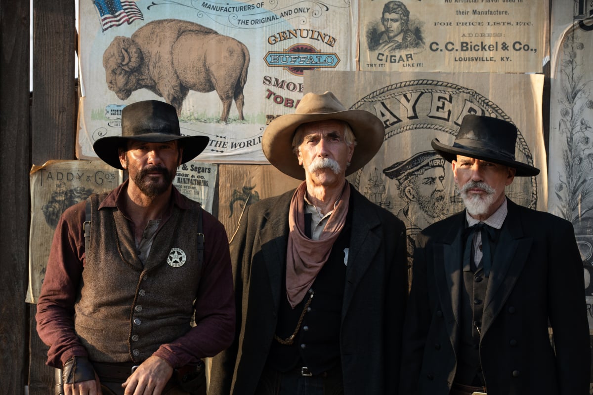 Tim McGraw as James, Sam Elliott as Shea, and Billy Bob Thornton as Marshal Jim Courtright standing next to each other in '1883'