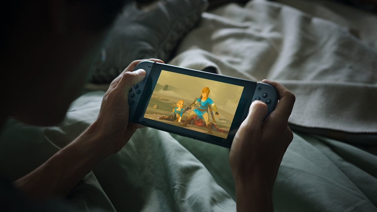 Link and Zelda in Nintendo Direct 'BOTW 2' ad displaying 'The Legend of Zelda: Breath of the Wild' Nintendo Switch