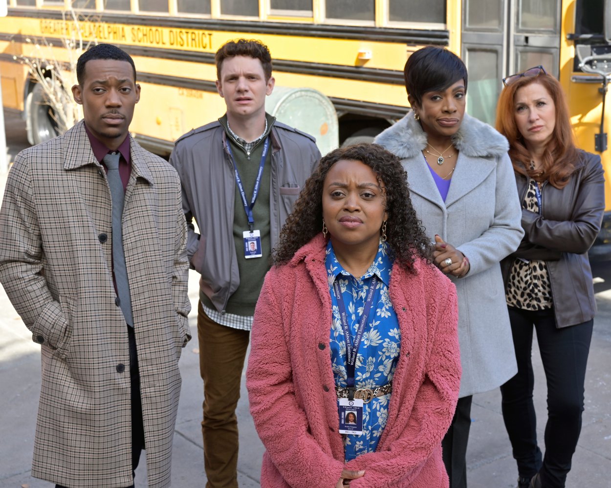 Tyler James Williams, Chris Perfetti, Quinta Brunson, Sheryl Lee Ralph, Lisa Ann Walter in a screengrab of 'Abbott Elementary'