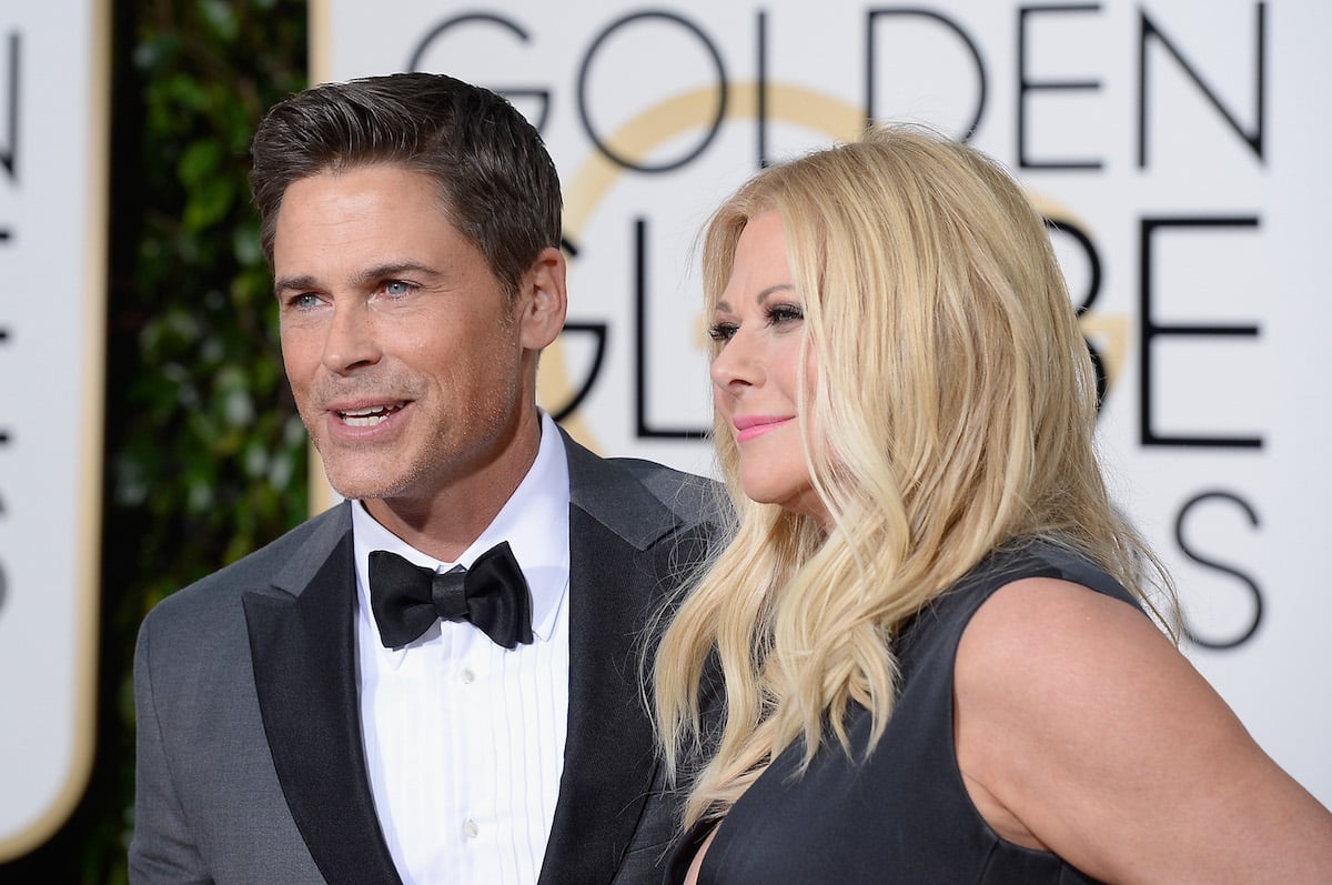 Actor Rob Lowe and wife Sheryl Berkoff pose on the red carpet of the 73rd annual Golden Globes