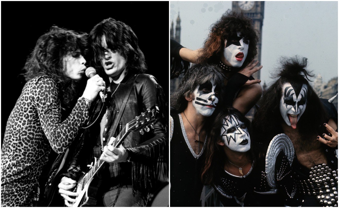 Aerosmith's Steven Tyler and Joe Perry performing in 1977 and Kiss posing in London, 1976.