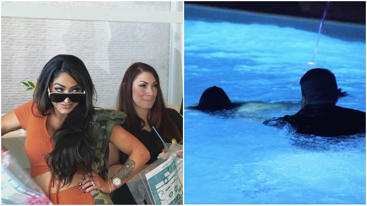 Angelina Larangeira and Deena Cortese; a floating body and security guard in the pool from 'Deena's Revenge' episode of 'Jersey Shore: Family Vacation'