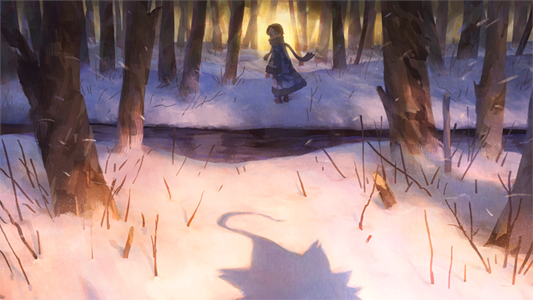 Teaser art for 'Pokémon Legends: Arceus' web anime. It shows someone walking in the woods, and there's a shadow in the snow behind them.
