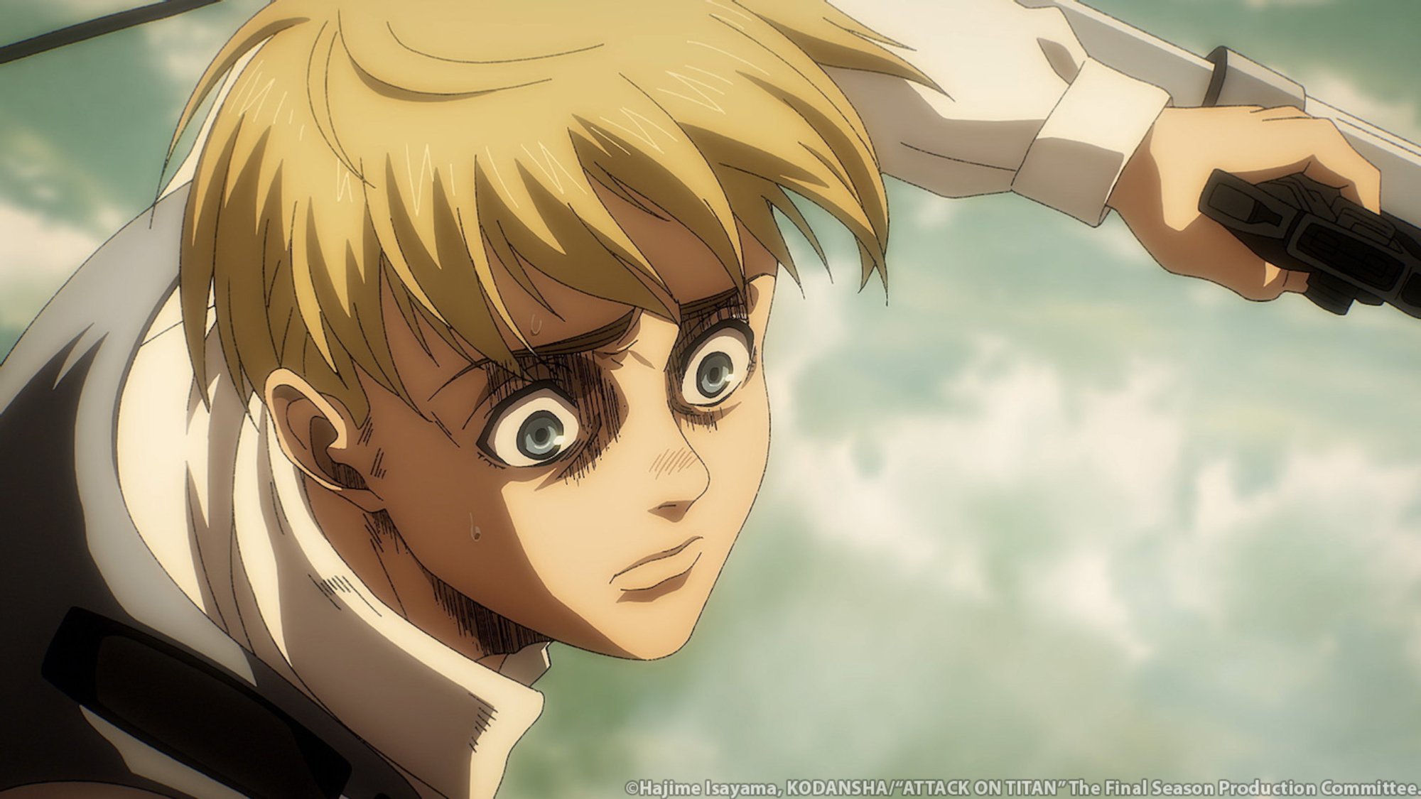Armin Arlert in 'Attack on Titan' Season 4 Part 2. He's in the air using his ODM gear.