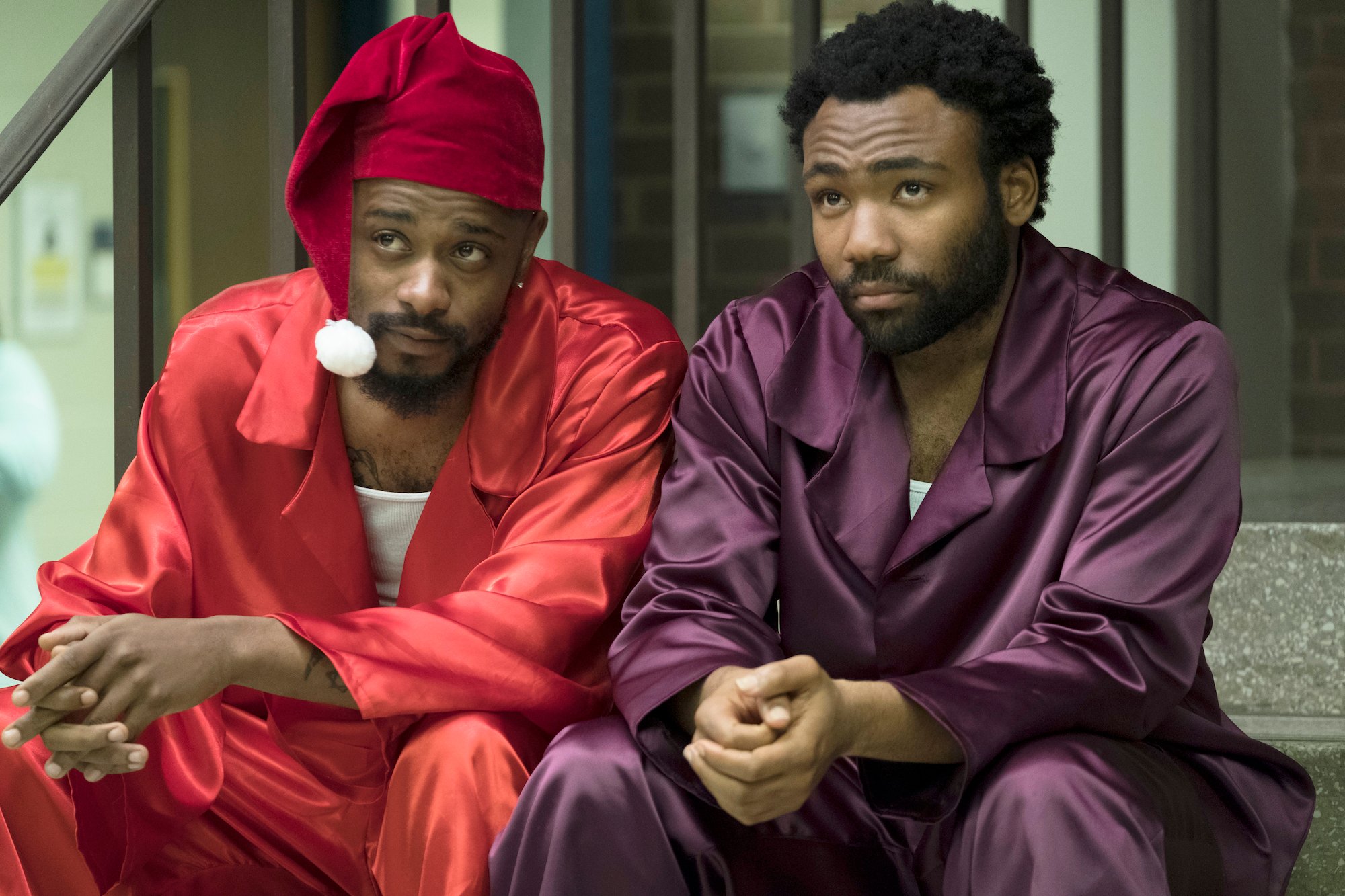 'Atlanta' Season 2: Donald Glover and Lakeith Stanfield sit on steps wearing pajamas