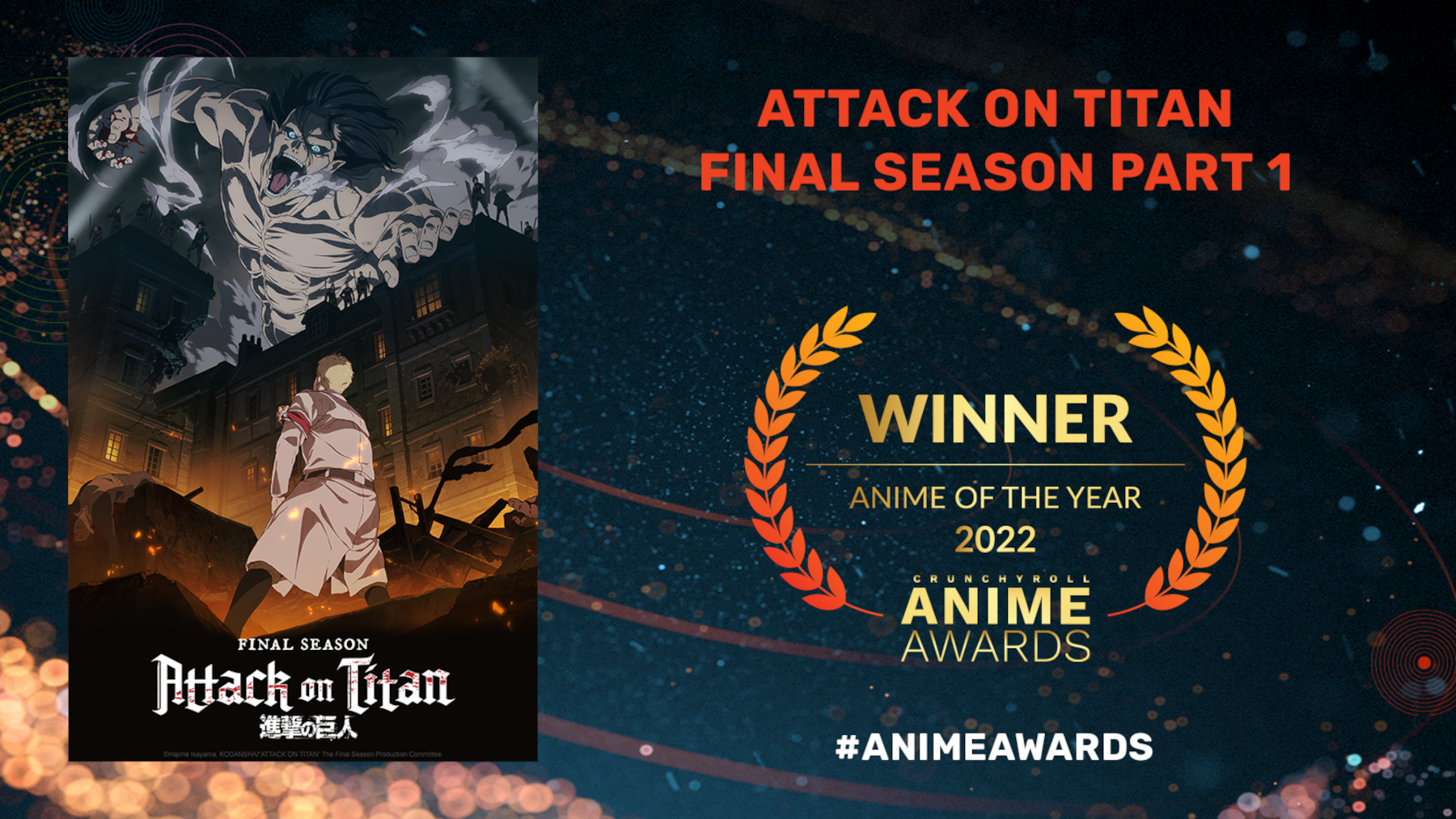 Crunchyroll 2022 Anime Awards graphic featuring Anime of the Year 'Attack on Titan'