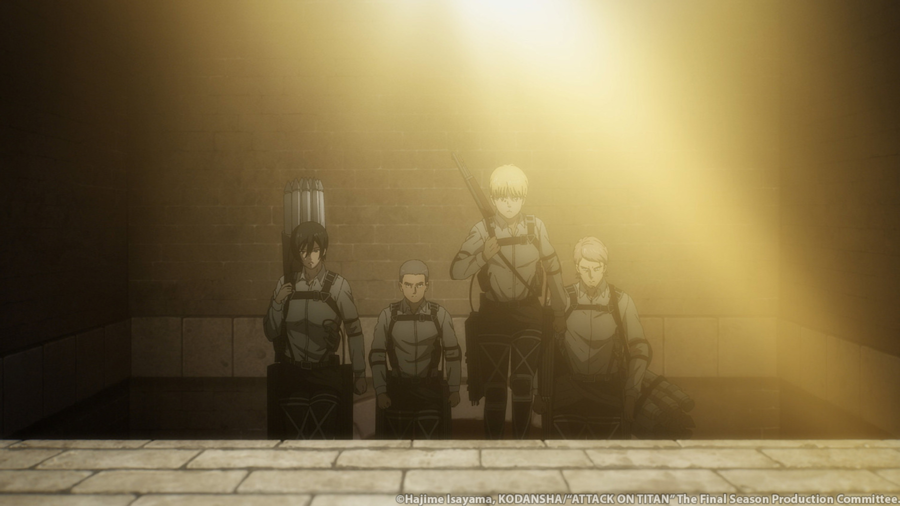 Mikasa, Connie, Armin, and Jean walking up the stairs in 'Attack on Titan' Season 4 Part 2