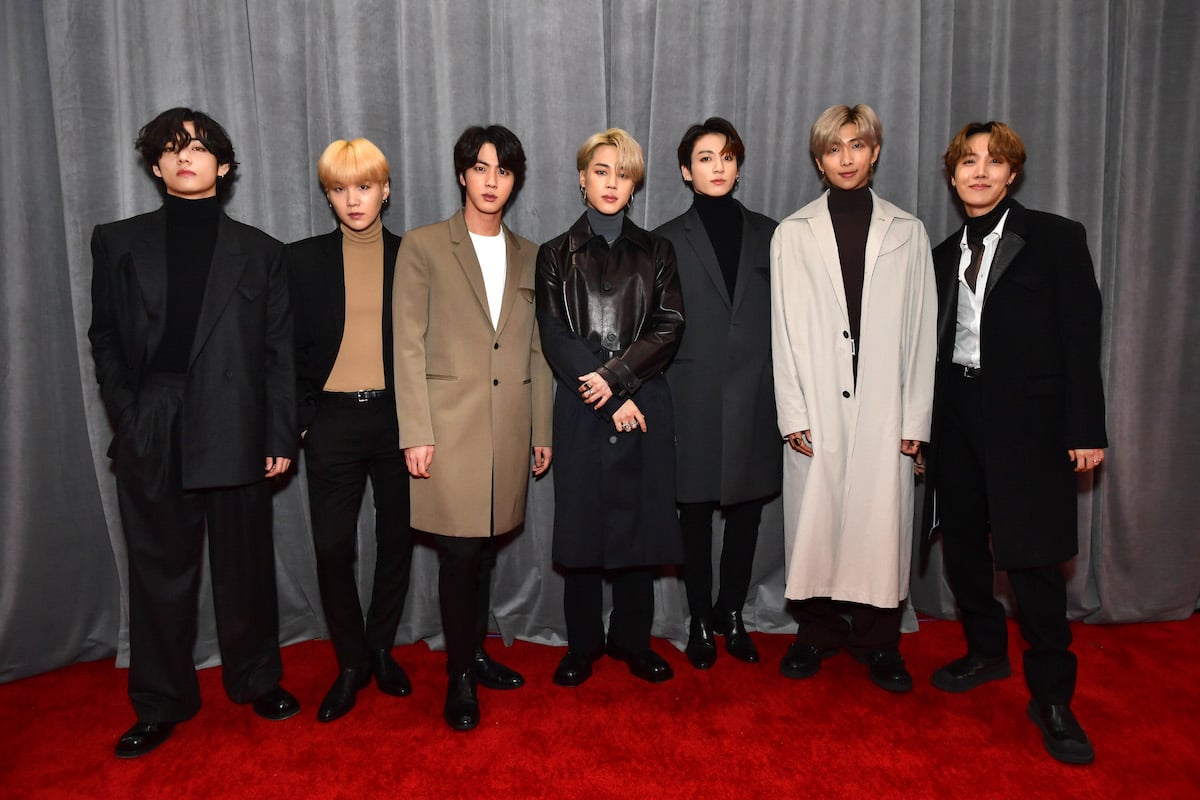 The tallest BTS member is not easy to tell in this photo of the group at the 2020 Grammys