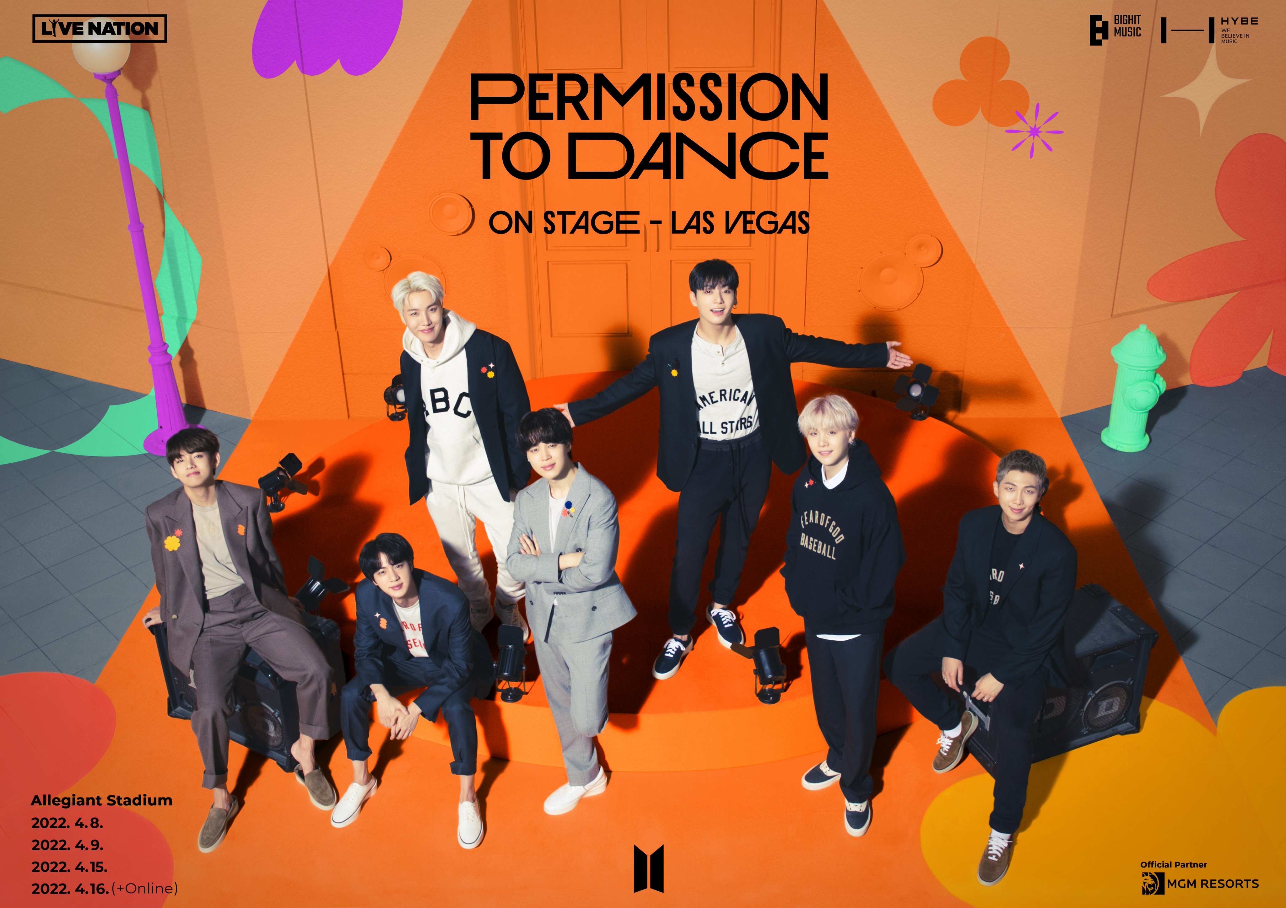 V, Jin, J-Hope, Jimin, Jungkook, Suga, and RM pose for a promotional photo for 'Permission to Dance On Stage - Las Vegas'