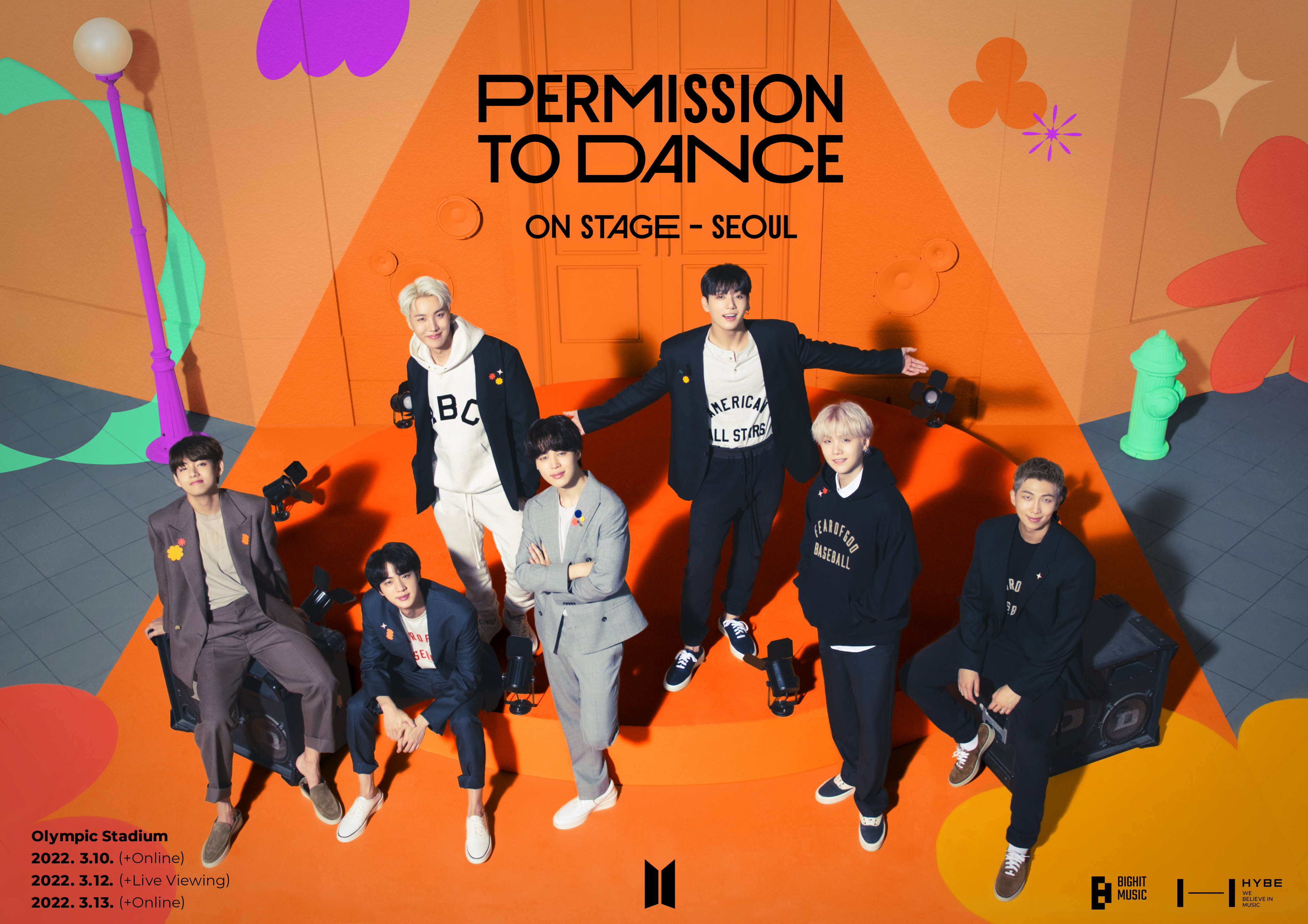 V, Jin, J-Hope, Jimin, Jungkook, Suga, and RM on a promotional poster for 'Permission to Dance On Stage - Seoul'