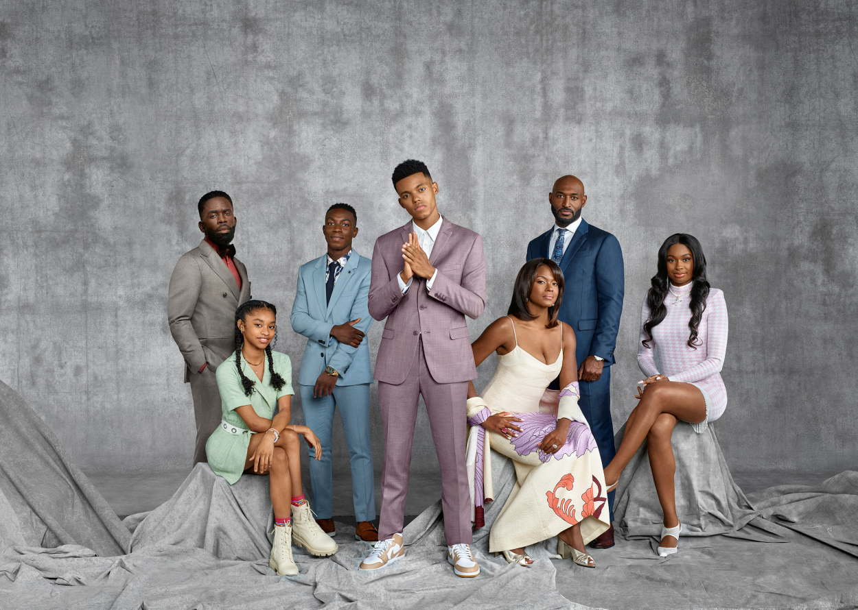 Jimmy Akingbola, Akira Jolie Akbar, Olly Sholotan, Jabari Banks, Cassandra Freeman, Adrian Holmes, and Courtney Coco Jones posing for 'Bel-Air' shoot