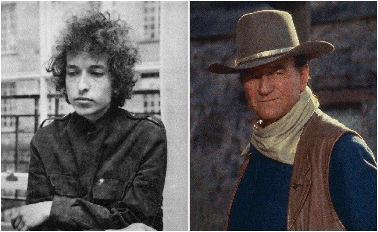 Bob Dylan in black in 1966, and John Wayne in a cowboy costume on the set of 'El Dorado' in 1966.