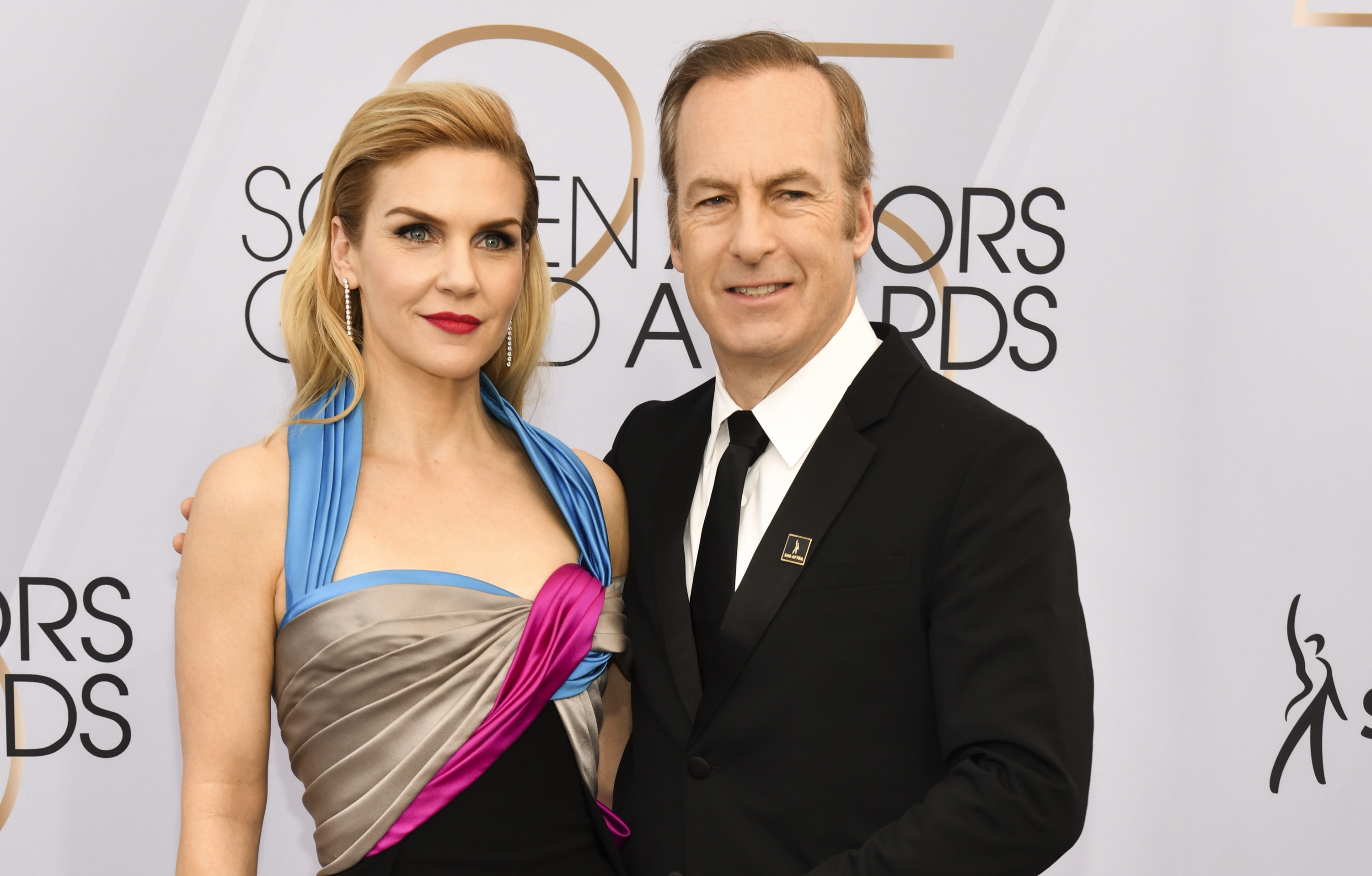 'Better Call Saul' cast members Rhea Seehorn and Bob Odenkirk posing for photographers at the 25th Annual Screen Actors Guild Awards