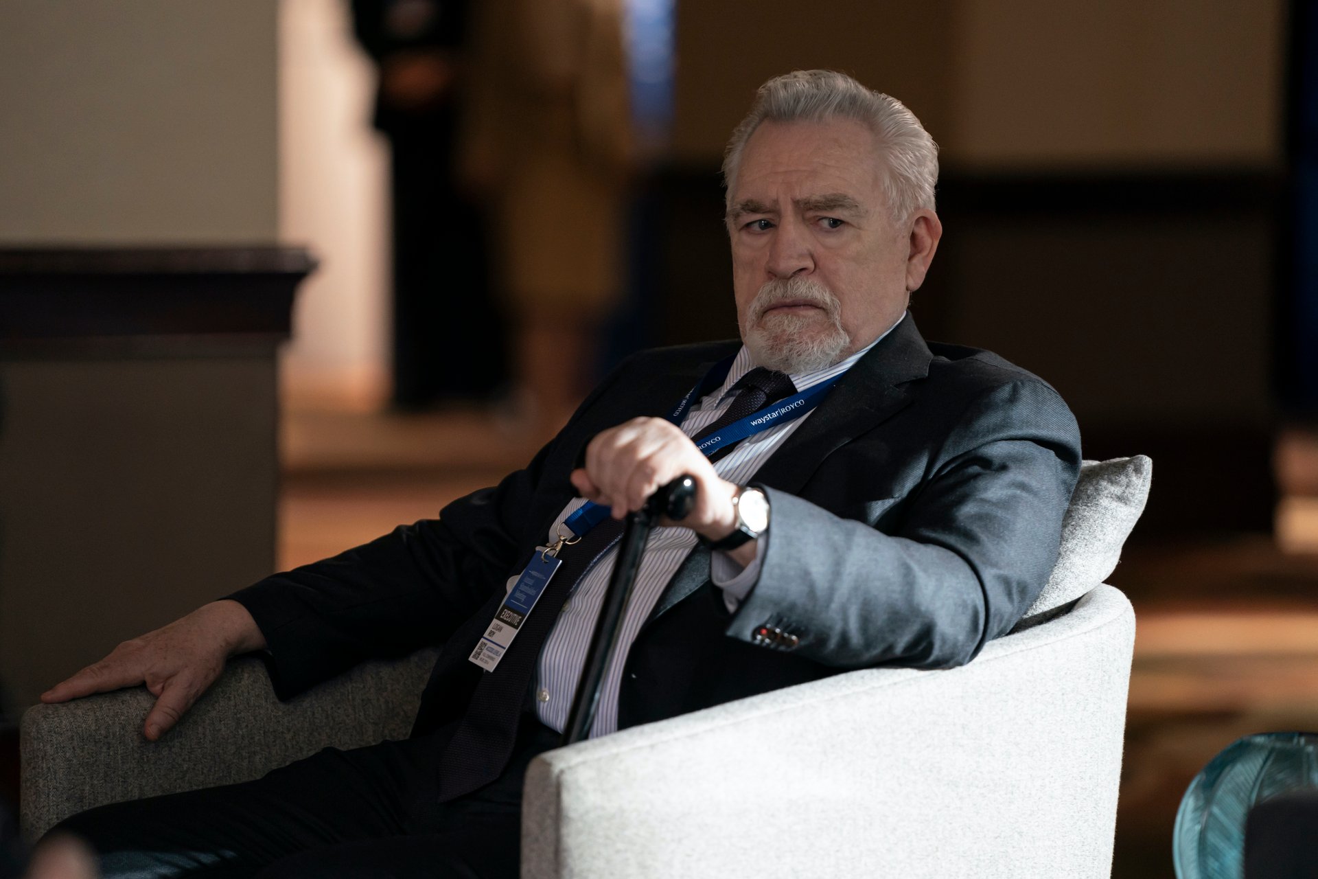 Brian Cox as Logan Roy in 'Succession' Season 3. He's sitting in a chair and looks deep in thought.