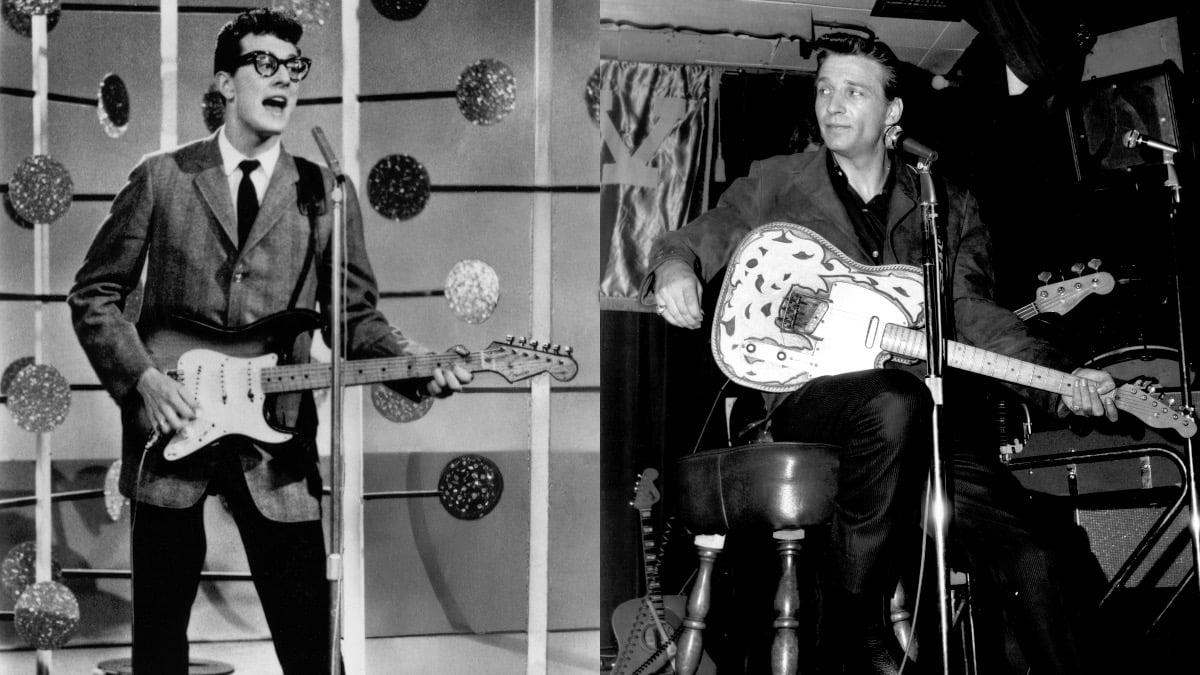 (L) Buddy Holly playing a guitar and singing (R) Waylon Jennings playing guitar