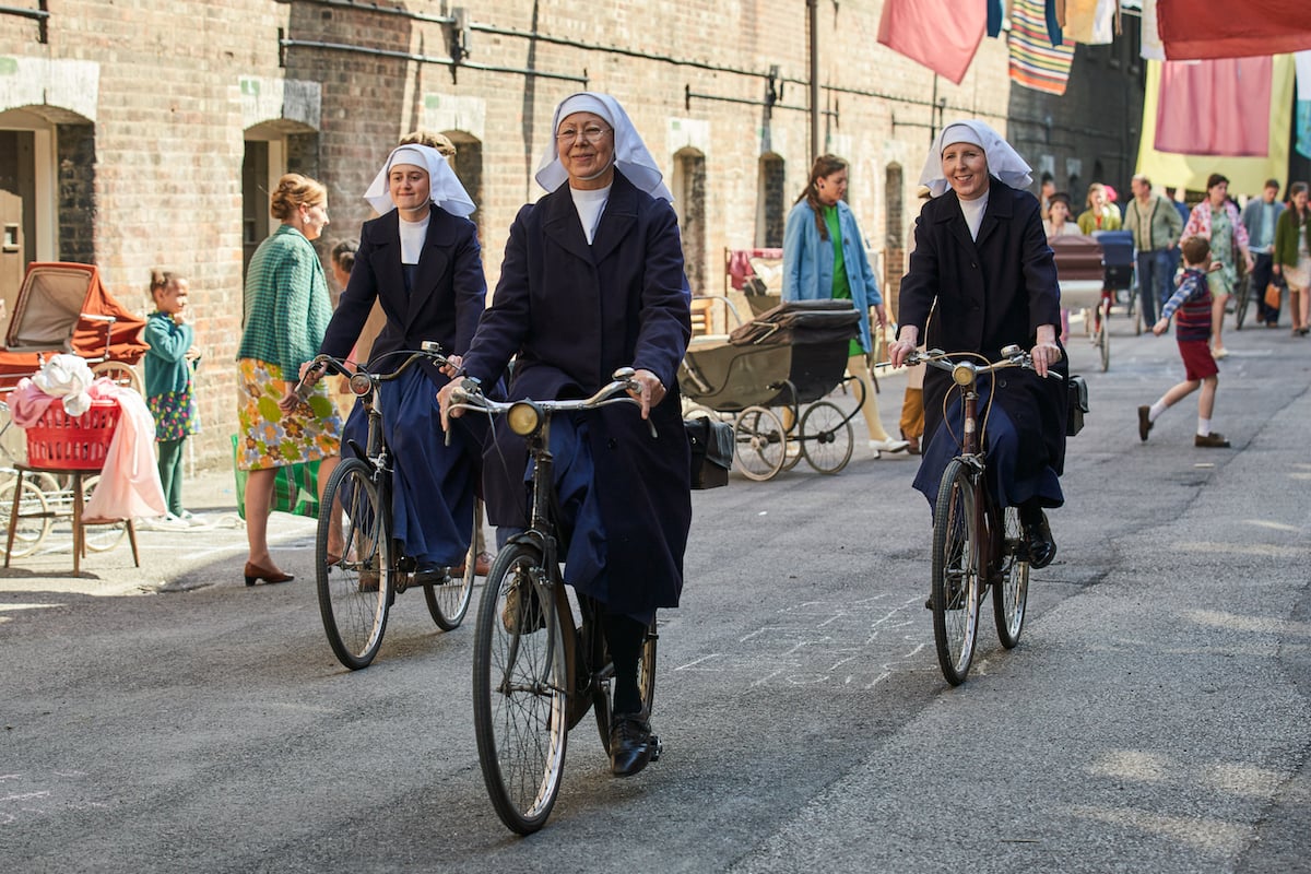 Three nuns riding bicycles in 'Call the Midwife' Season 11 