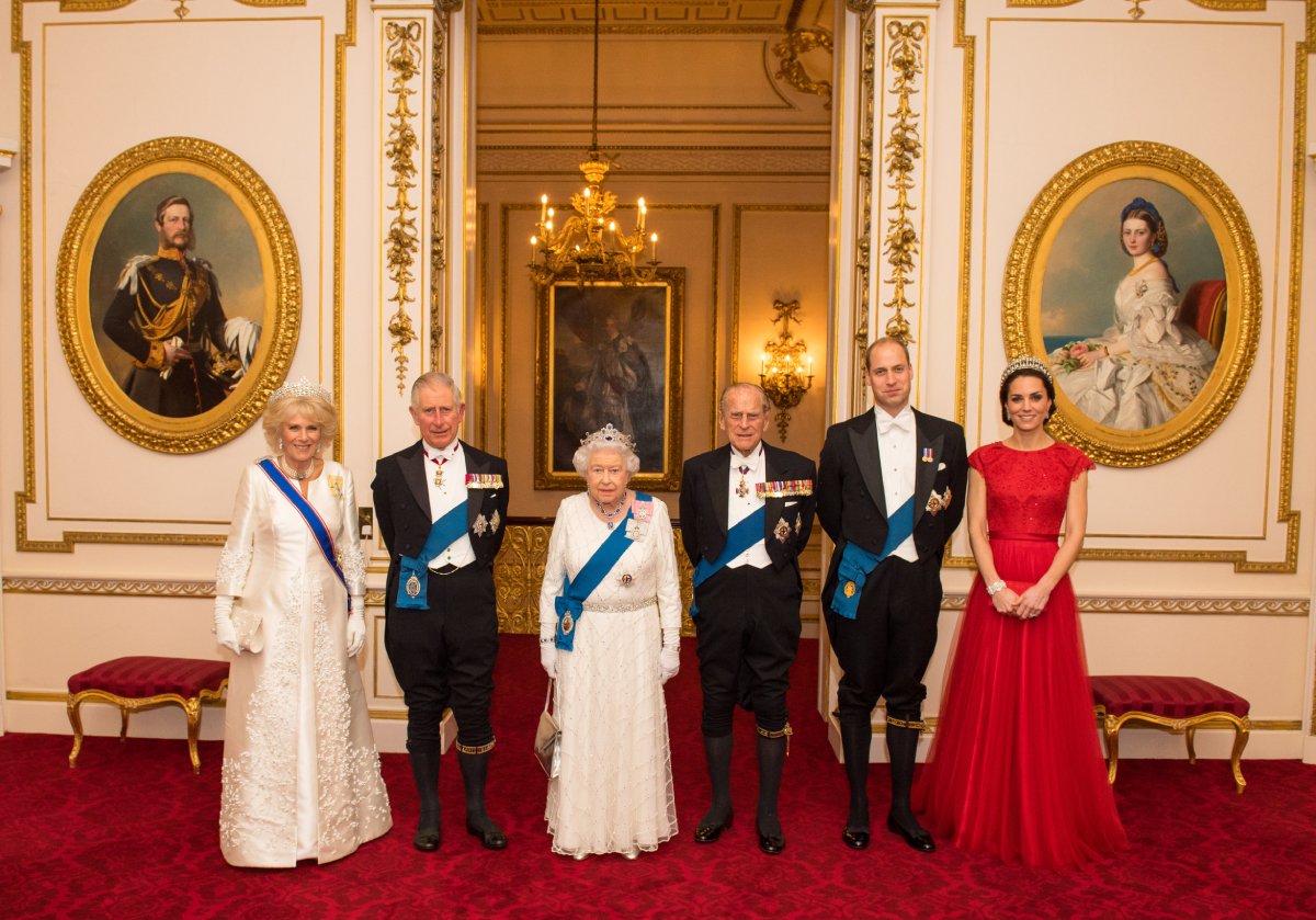 Camilla Parker Bowles, Prince Charles, Queen Elizabeth II, Prince Philip, Prince William, and Kate Middleton in an official portrait of the future of the monarchy