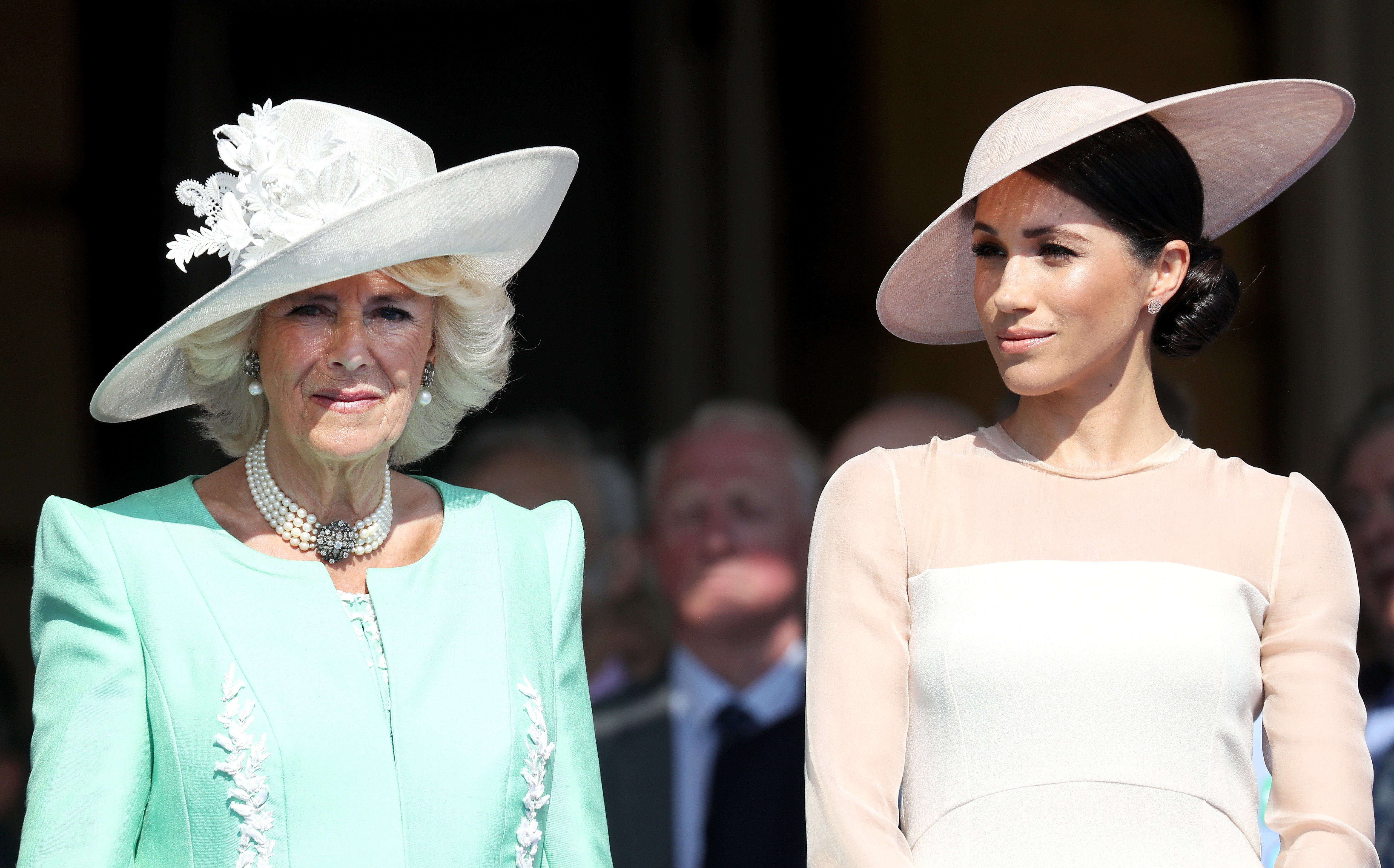 Camilla Parker Bowles and Meghan Markle standing side by side at Prince Charles' 70th Birthday Patronage Celebration