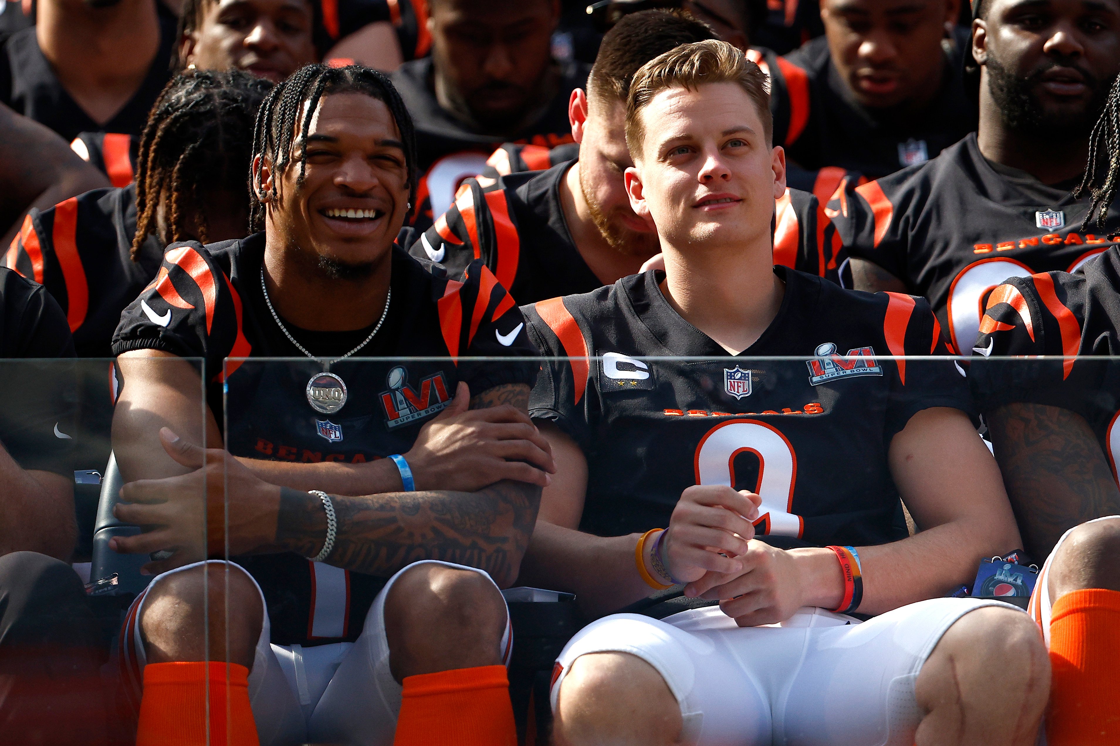 Ja'Marr Chase and Joe Burrow of the Cincinnati Bengals sit for a team photo at SoFi Stadium ahead of the Super Bowl on February 12, 2022