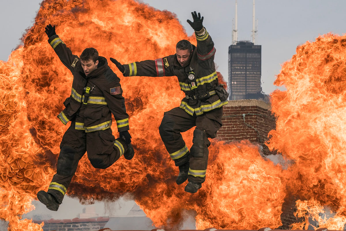 'Chicago Fire' episode still sowing Matt Casey and Kelly Severide jumping from a burning building