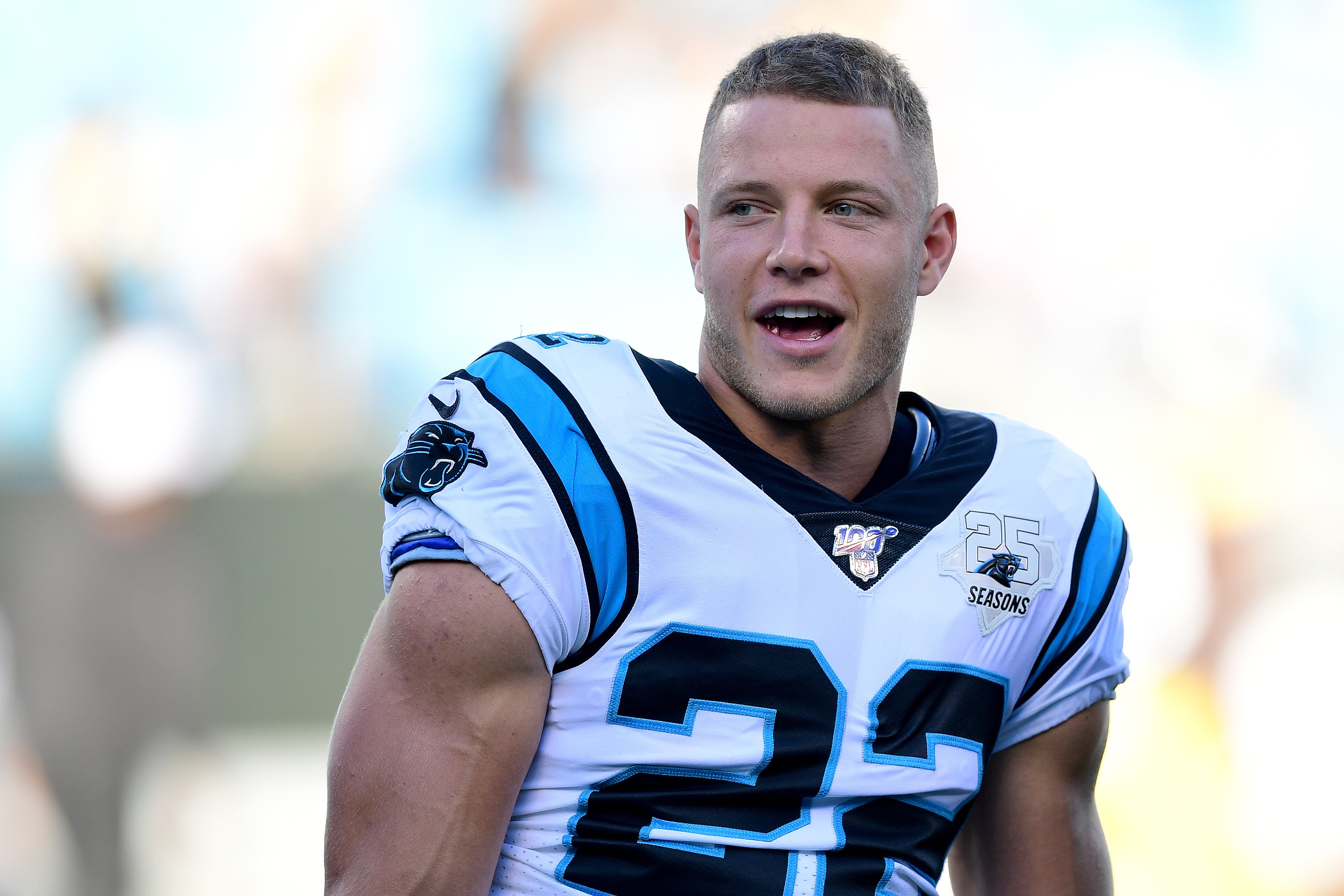 Christian McCaffrey during warm ups before a preseason game against the Pittsburgh Steelers