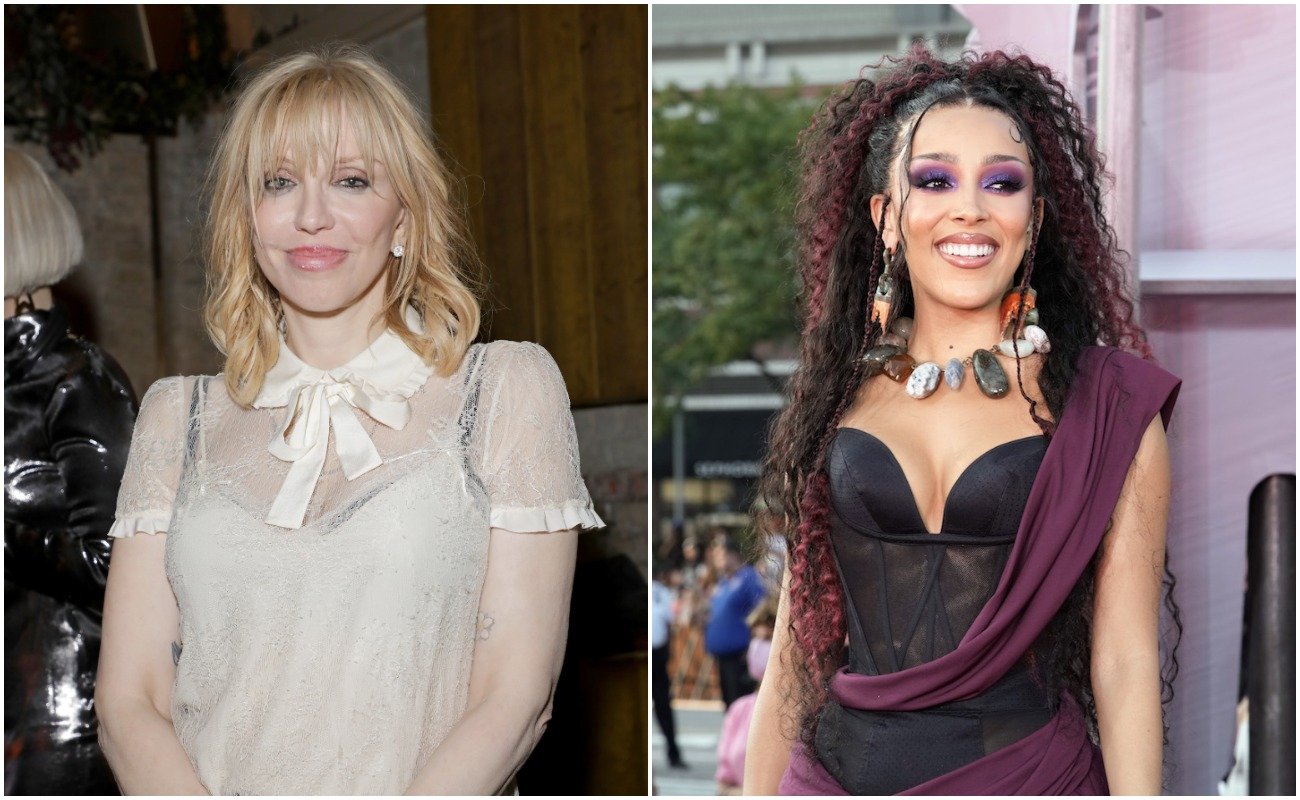 Courtney Love in white at Warner Music & CIROC BRIT Awards in London, 2020. Doja Cat in purple at the 2021 MTV Video Music Awards.