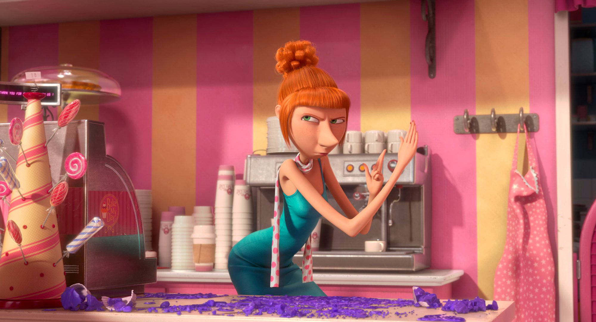 'Despicable Me 2' Lucy voiced by Kristen Wiig behind a counter in a fighting pose