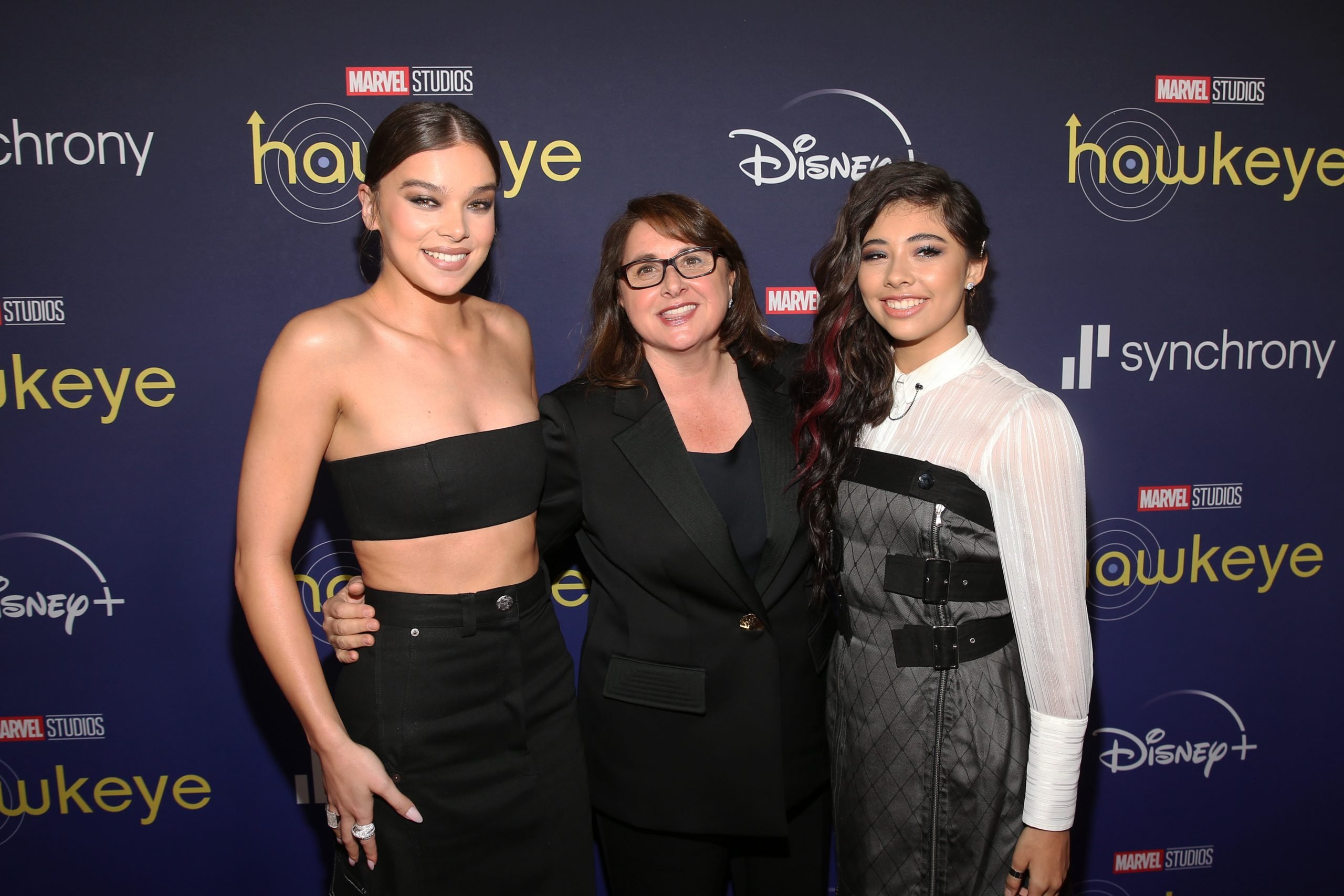 Hailee Steinfeld, Victoria Alonso Alonso, and 'Doctor Strange 2' actor Xochitl Gomez pose for a picture at the 'Hawkeye' premiere
