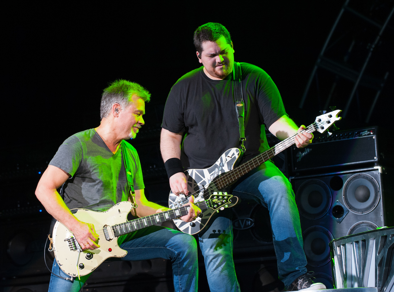Eddie Van Halen and his son, Wolfgang Van Halen performing with Van Halen in 2015.