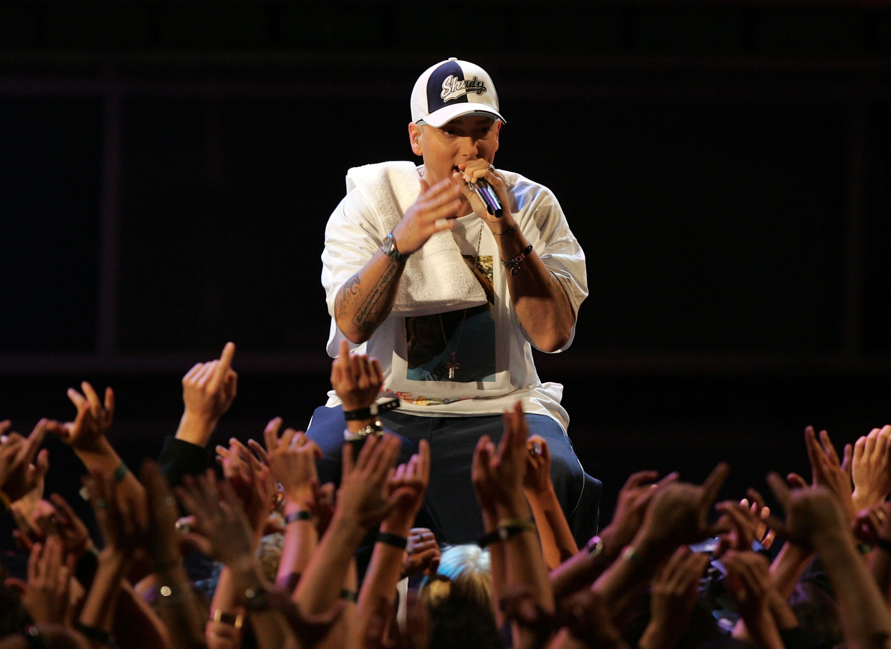 Eminem performing onstage at the MTV Movie Awards