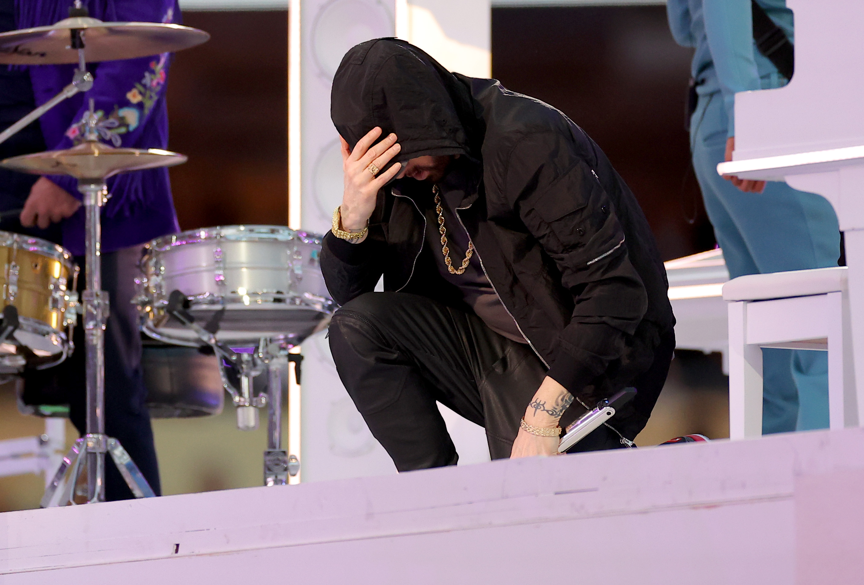 Eminem performs onstage during the Pepsi Super Bowl LVI Halftime Show