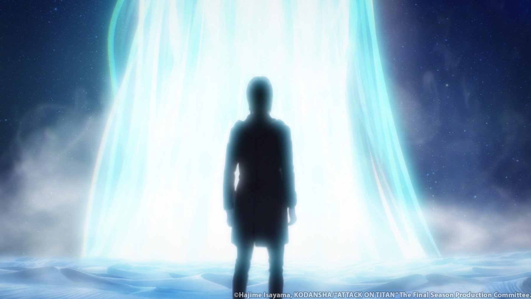 Eren Jaeger in the Paths in 'Attack on Titan' Season 4. He goes there to meet Zeke and Ymir. His silhouette stands in front of a bright blue beam of light.
