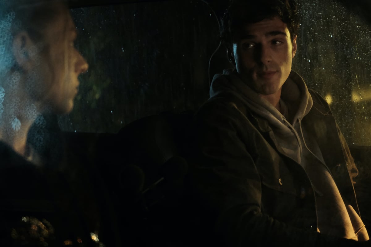 Jacob Elordi as Nate and Hunter Schafer as Jules in Euphoria Season 2. Nate and Jules sit in Nate's truck.