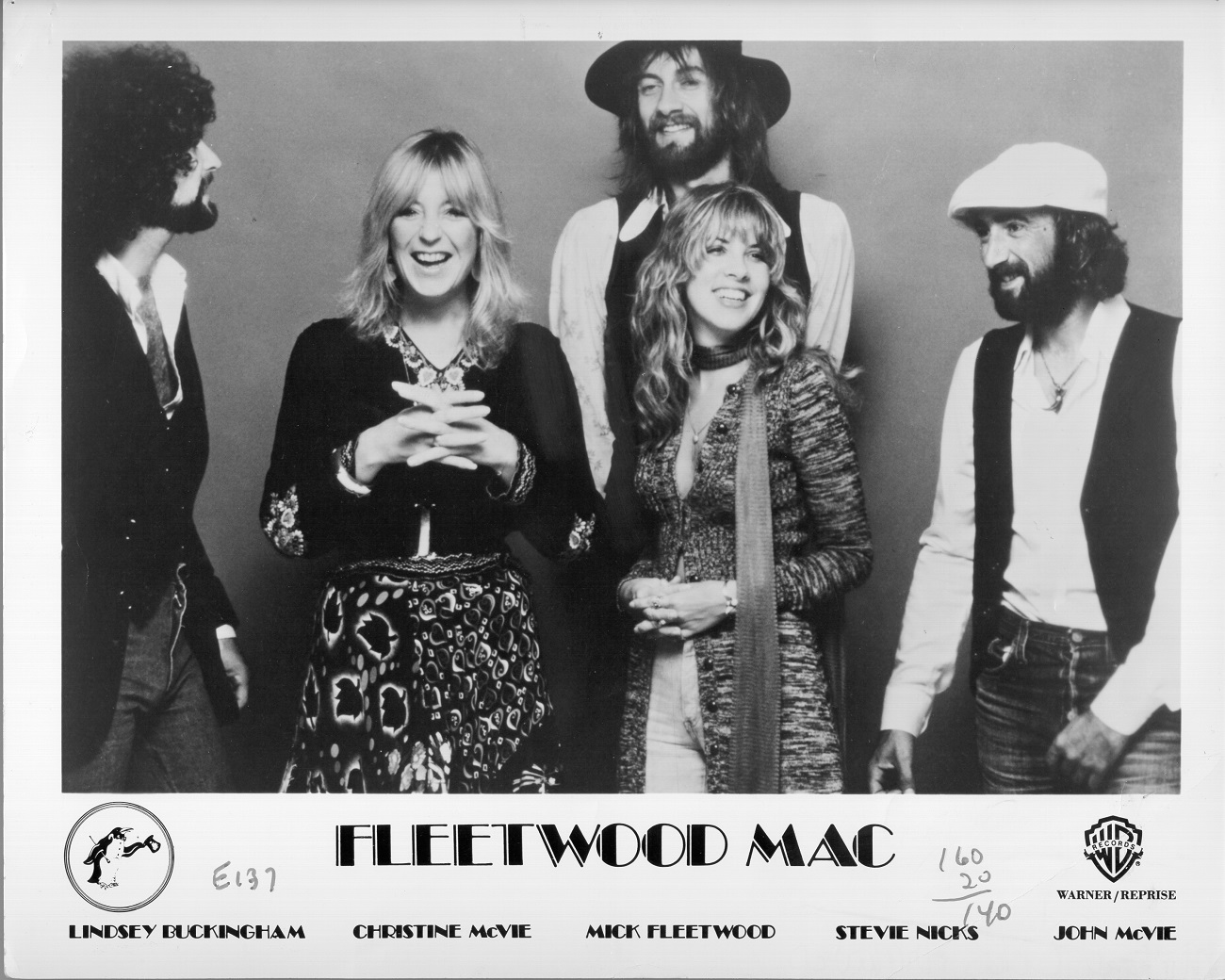 A black and white photo of the members of Fleetwood Mac, Lindsey Buckingham, Christine McVie, Mick Fleetwood, Stevie Nicks, and John McVie.