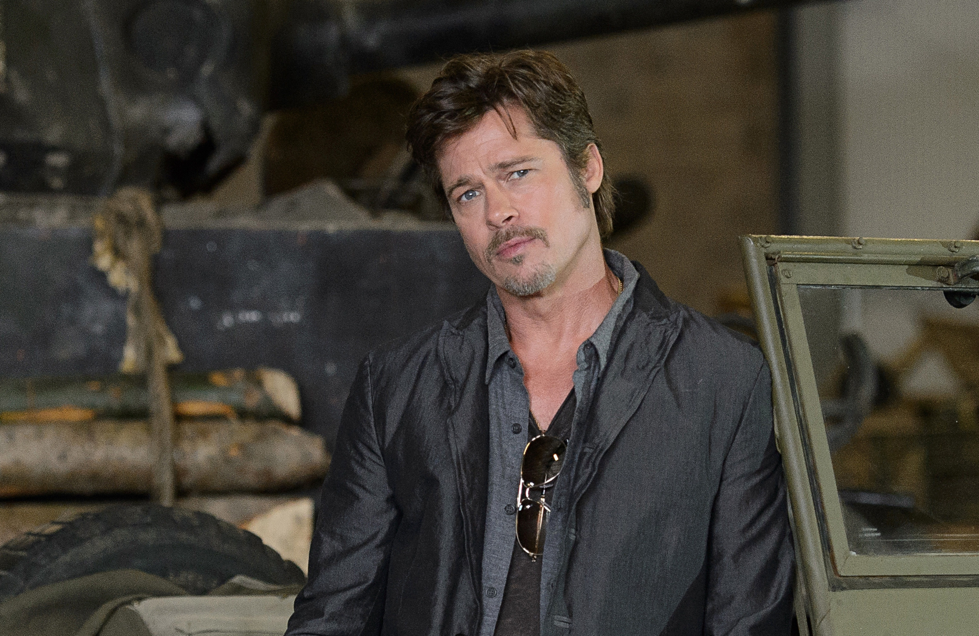 'Fury' Brad Pitt wearing a collared shirt