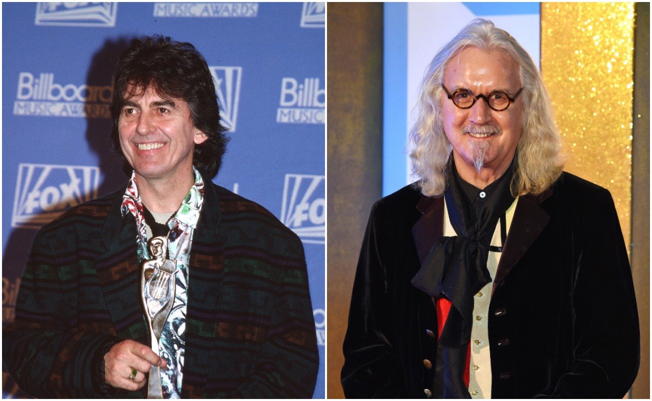George Harrison in a dark jacket at the 1992 Billboard Music Awards, and Billy Connolly in a dark jacket at the National Television Awards in 2016.