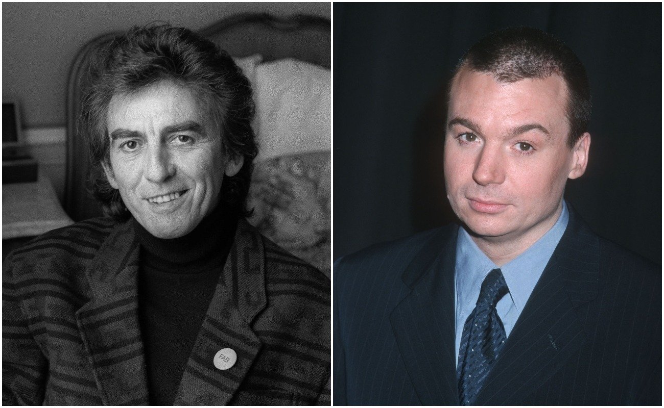 George Harrison in a suit posing in 1988, and Mike Myers in a suit 25th Annual NATO/ShoWest Convention in 1999. 