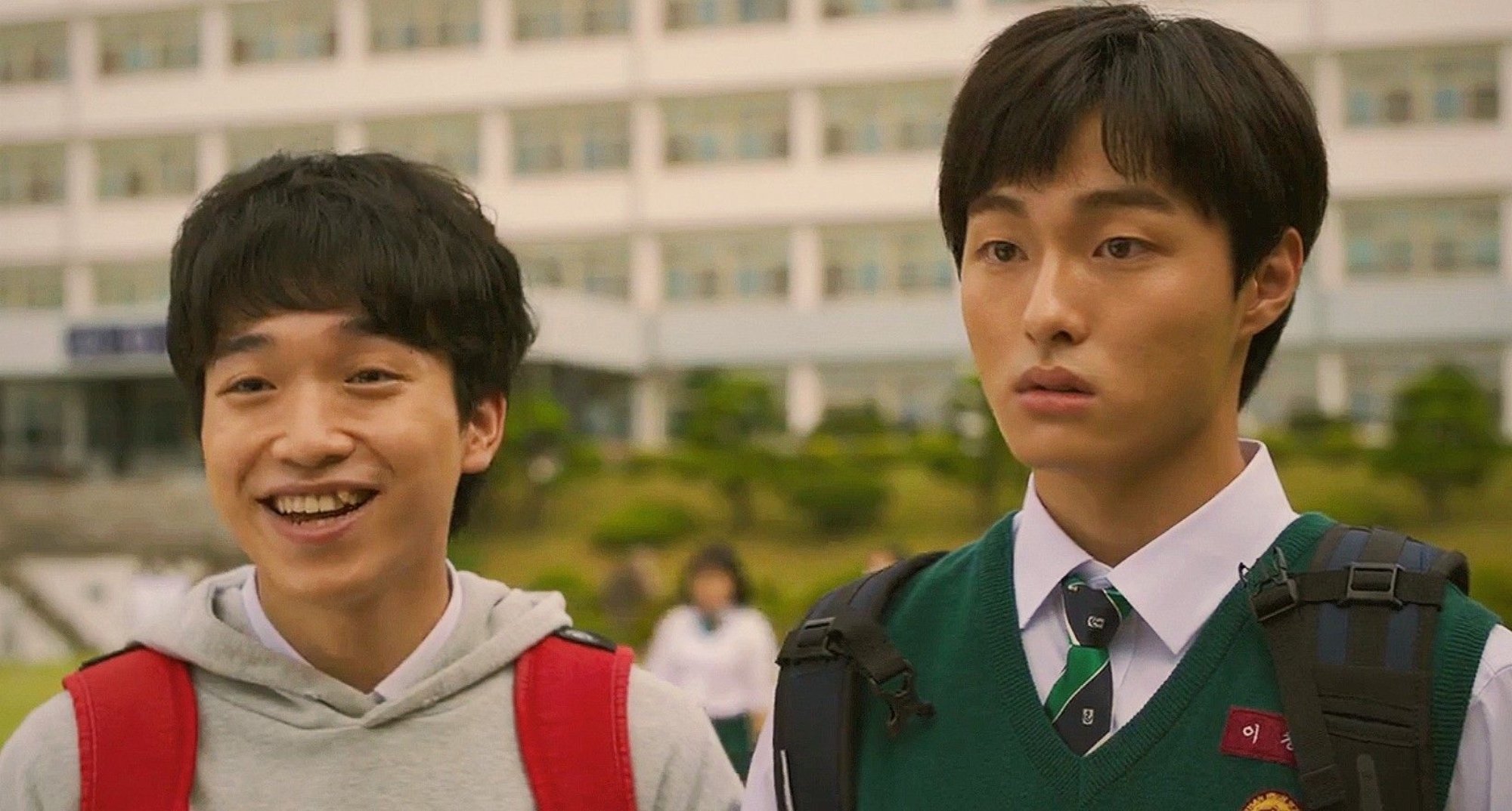 Gyeong-su and Cheong-san from 'All of Us Are Dead' outside of school.