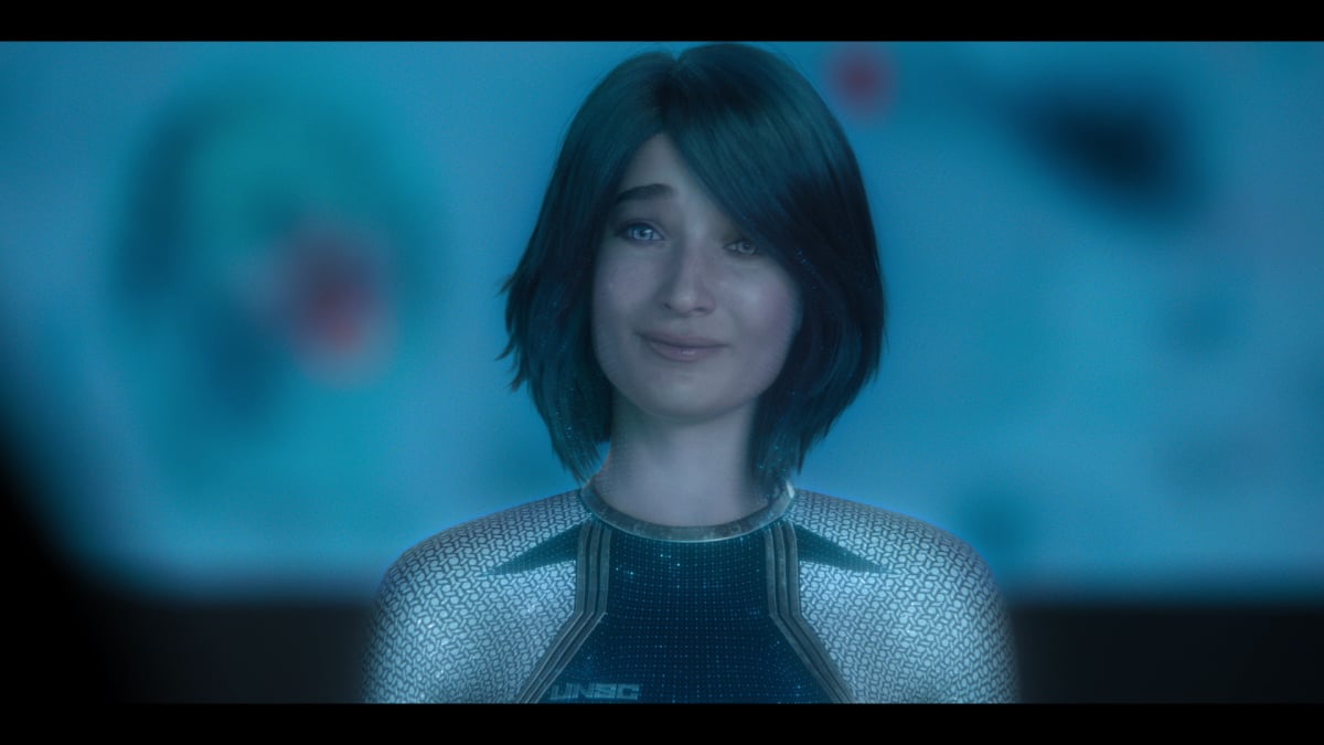 'Halo Infinite' star Jen Taylor as Cortana raises her left eyebrow in the TV series