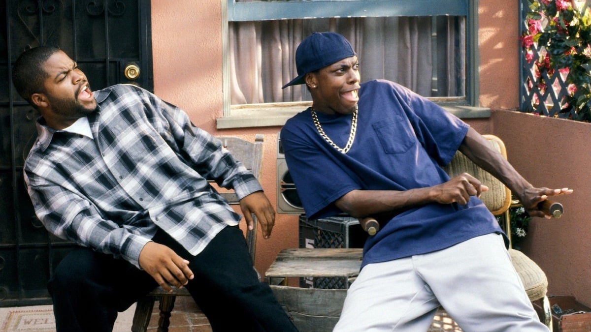 Ice Cube and Chris Tucker open their mouths and lean back in ‘Friday’