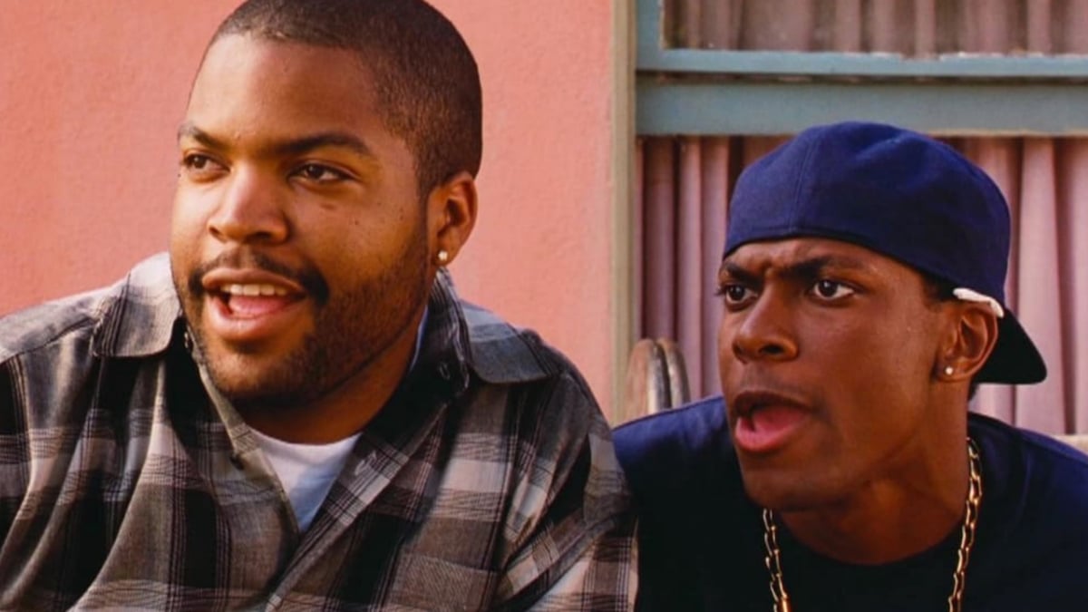 Ice Cube and Chris Tucker look on, mouths agape, in ‘Friday’