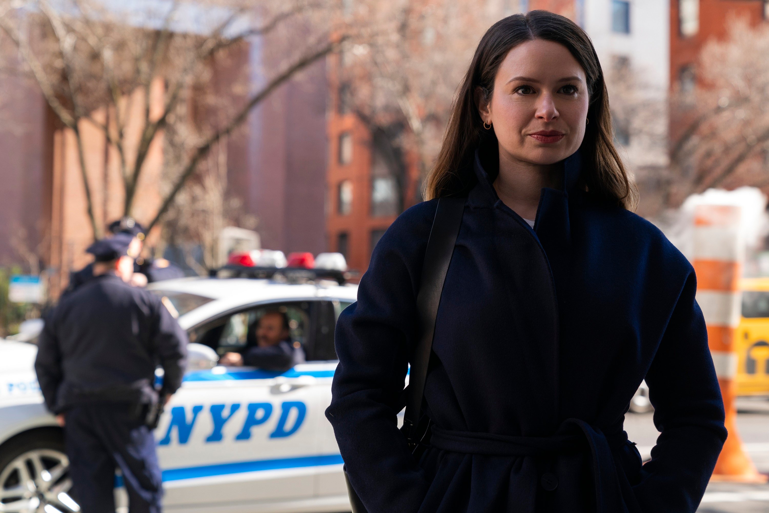 'Inventing Anna' cast member Katie Lowes portrays Rachel Williams standing in front of a police car.